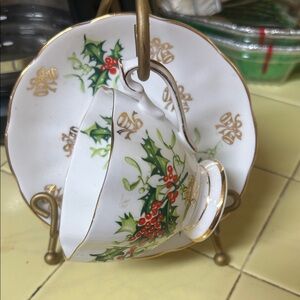 Yuletide Queen Anne Fine Bone China Holiday Holly Teacup and Saucer Set